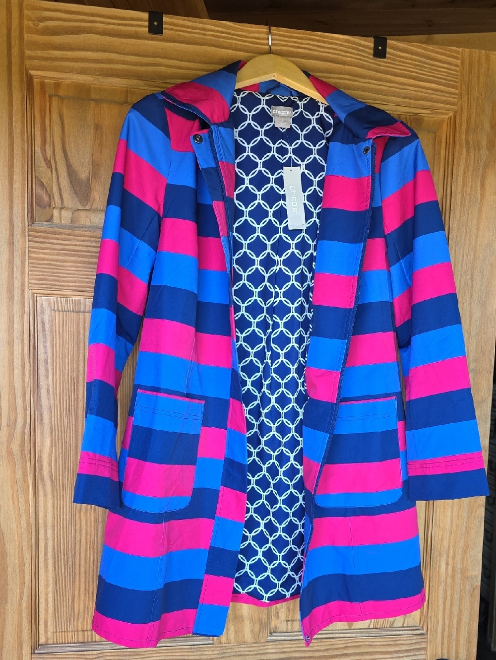 Chico's Woman's Pink, Navy & Blue Striped Colorblock Coat (US Size 8-10)